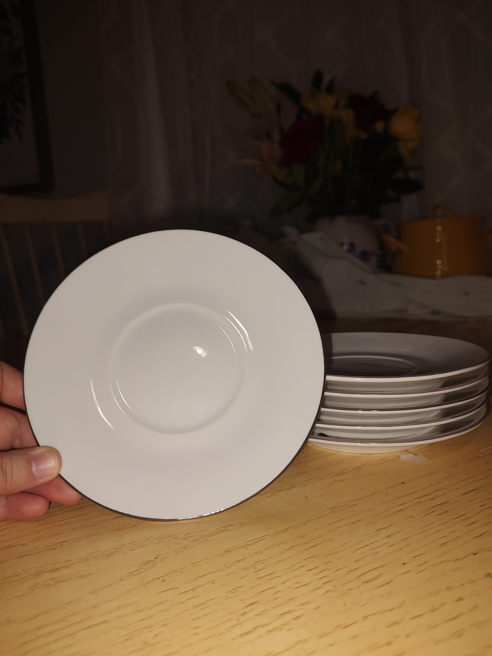 Stanley White Ceramic Saucers with Silver Rim